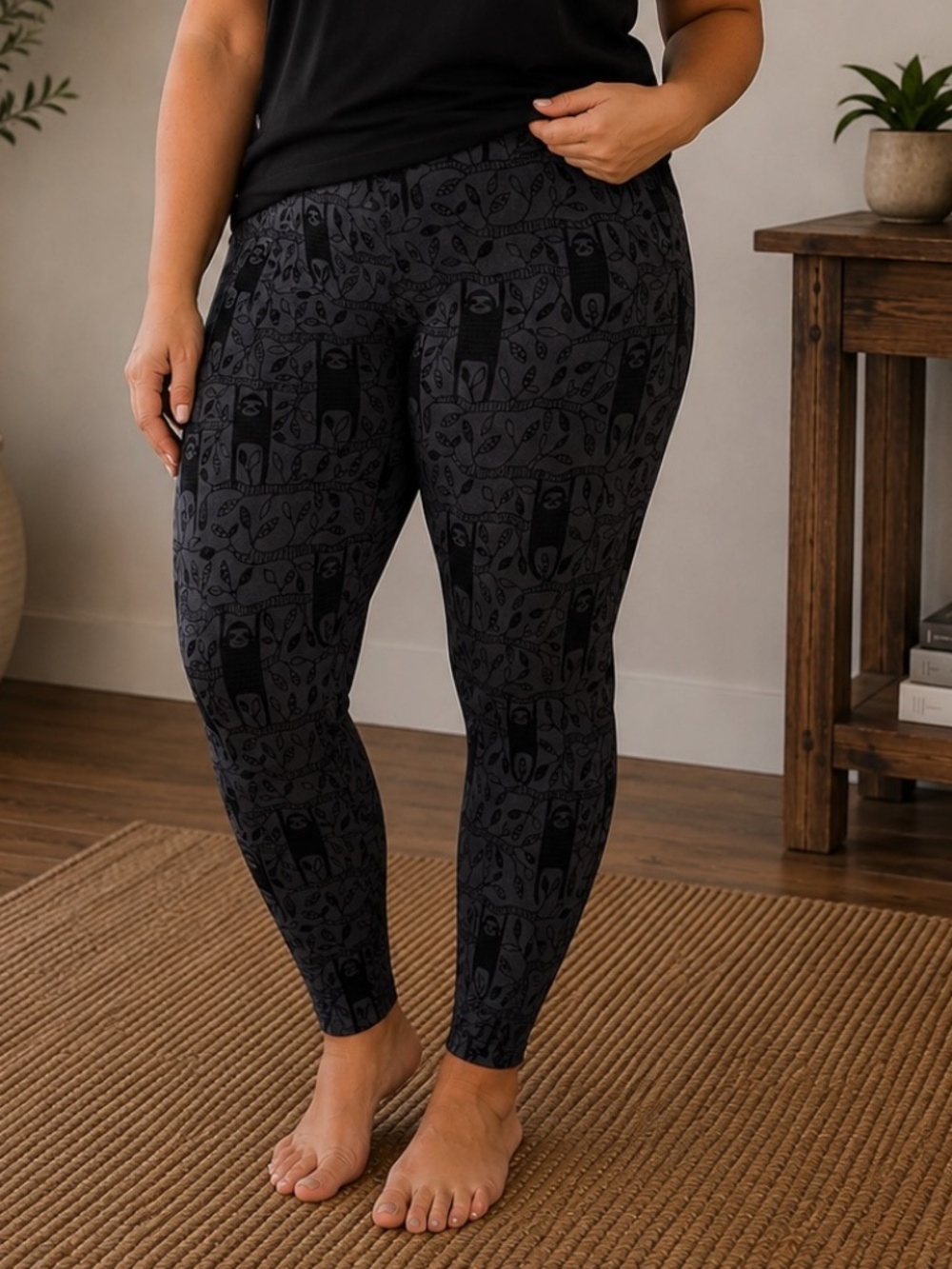 Sweet Legs Leggings Womens Size One Size Plus Black Gray Sloth all over print